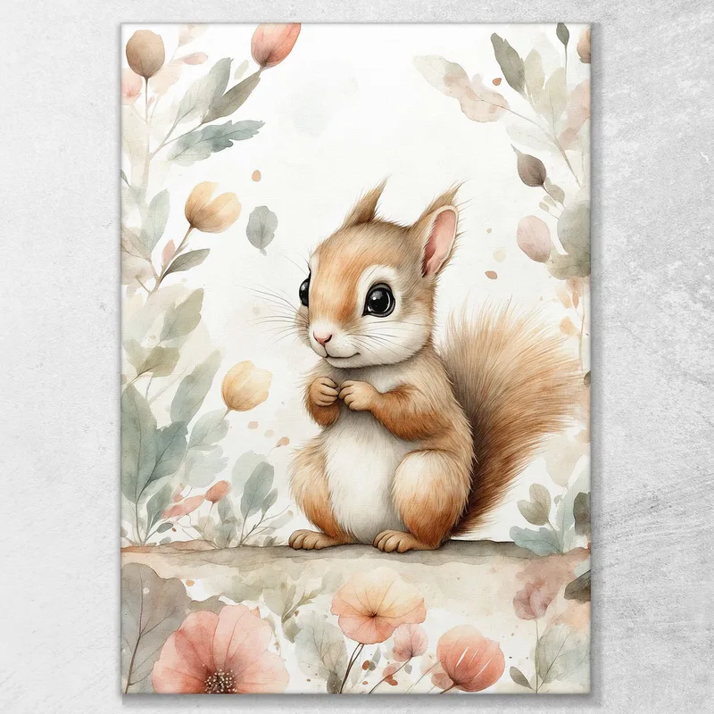 Quadro Per Bambini, Decorazione Cameretta, Scoiattolo Con Decorazioni Floreali