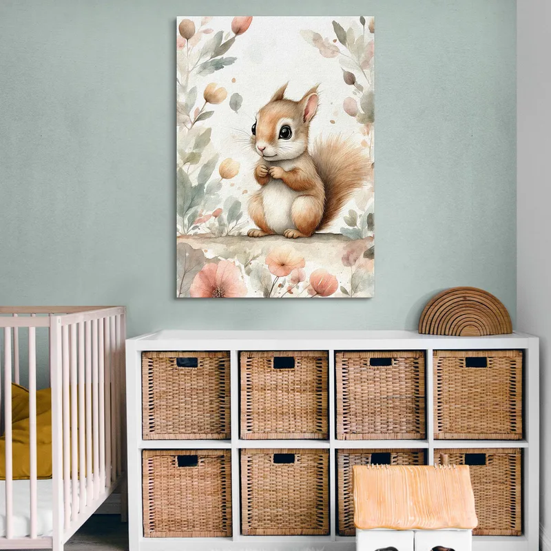 Quadro Per Bambini, Decorazione Cameretta, Scoiattolo Con Decorazioni Floreali