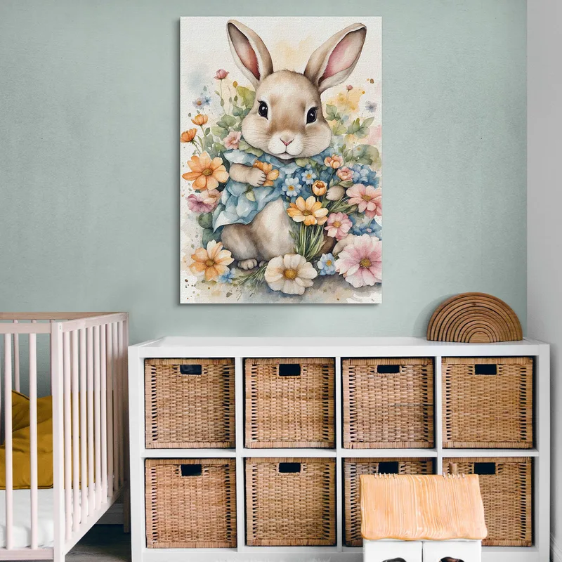 Kinderzimmerdekoration Bild Für Kinder Süßer Hase Unter Frühlingsblumen