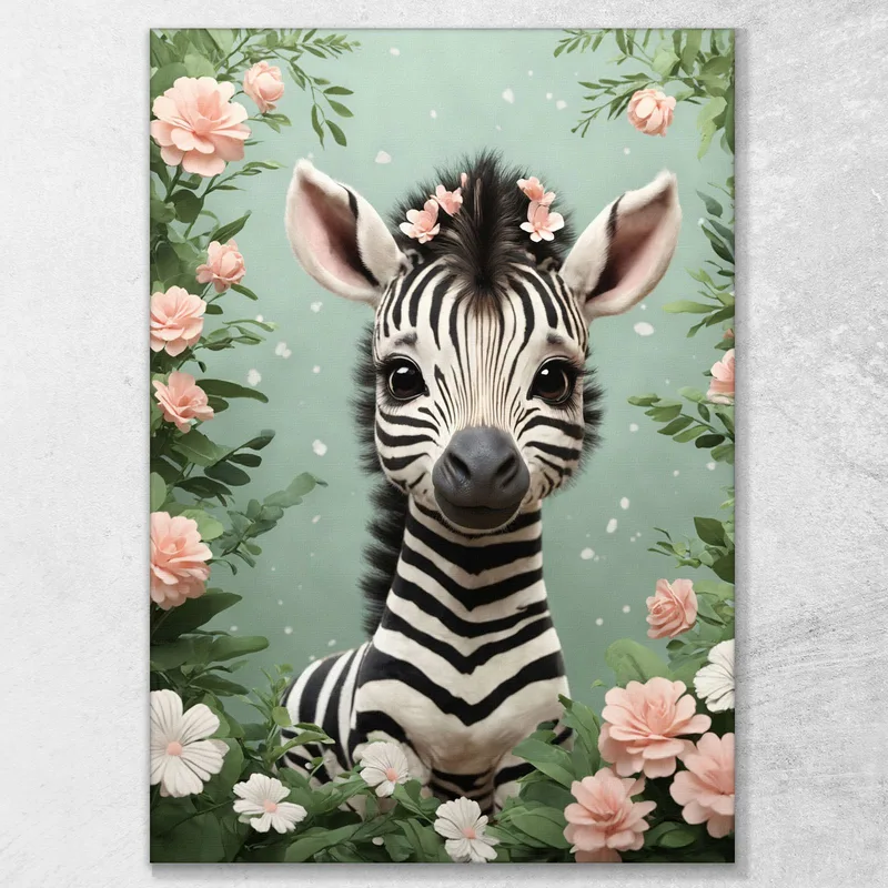 Quadro Per Cameretta Del Neonato, Zebra Giocosa In Una Fantasia Floreale