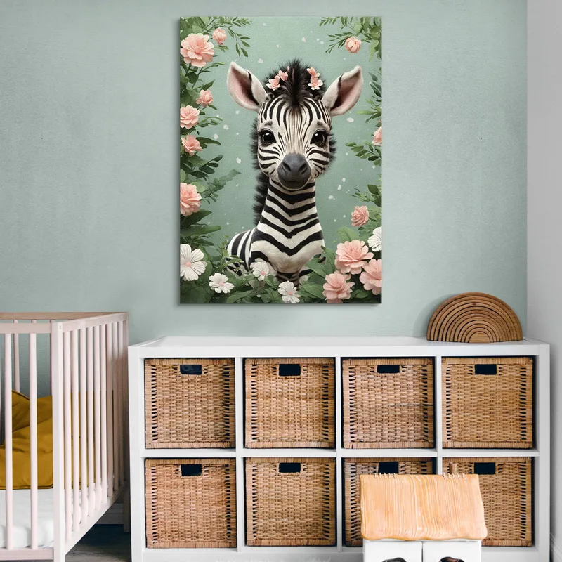 Quadro Per Cameretta Del Neonato, Zebra Giocosa In Una Fantasia Floreale