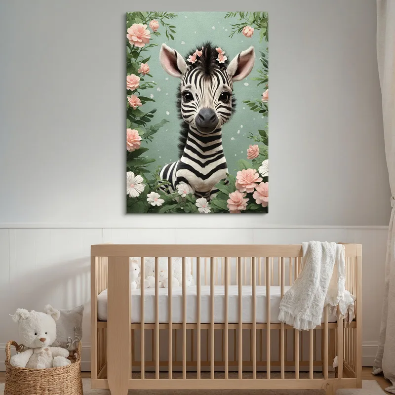Quadro Per Cameretta Del Neonato, Zebra Giocosa In Una Fantasia Floreale