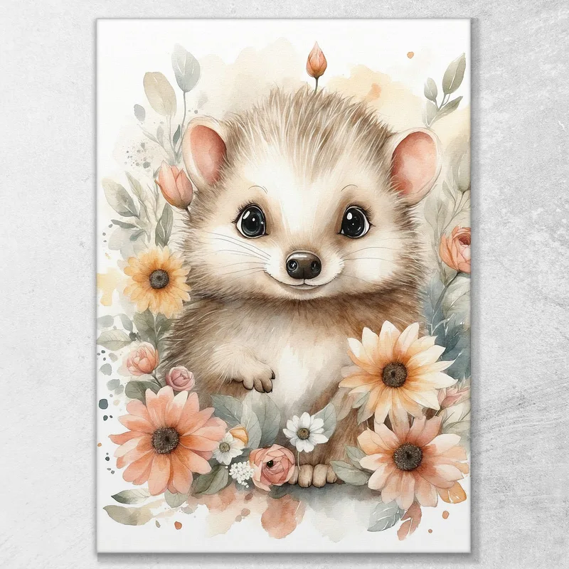 Quadro Per Nursery, Decorazione Bimba, Piccolo Riccio In Abbraccio Floreale