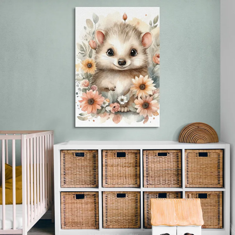 Quadro Per Nursery, Decorazione Bimba, Piccolo Riccio In Abbraccio Floreale