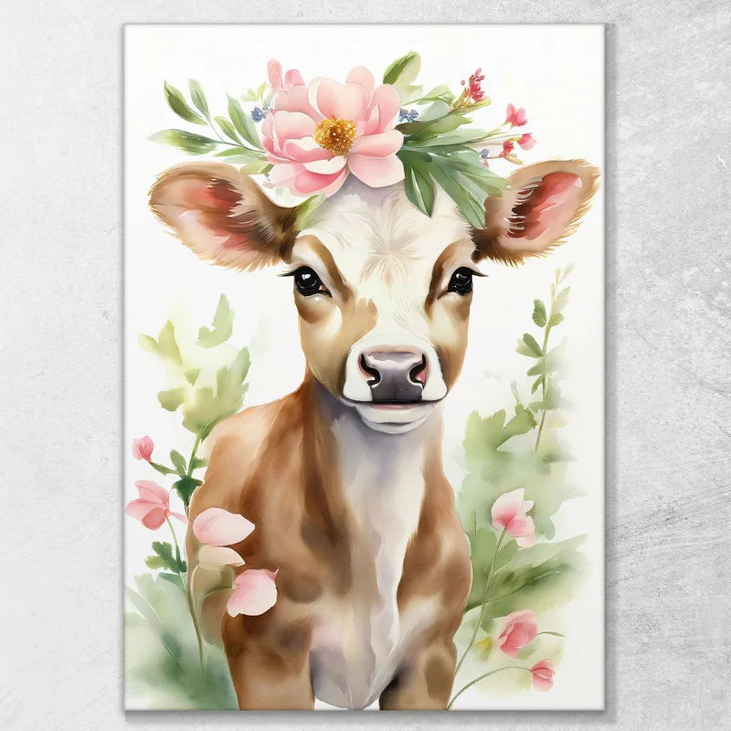 Peinture Pour Chambre De Garçon Jeune Vache À La Couronne De Fleurs