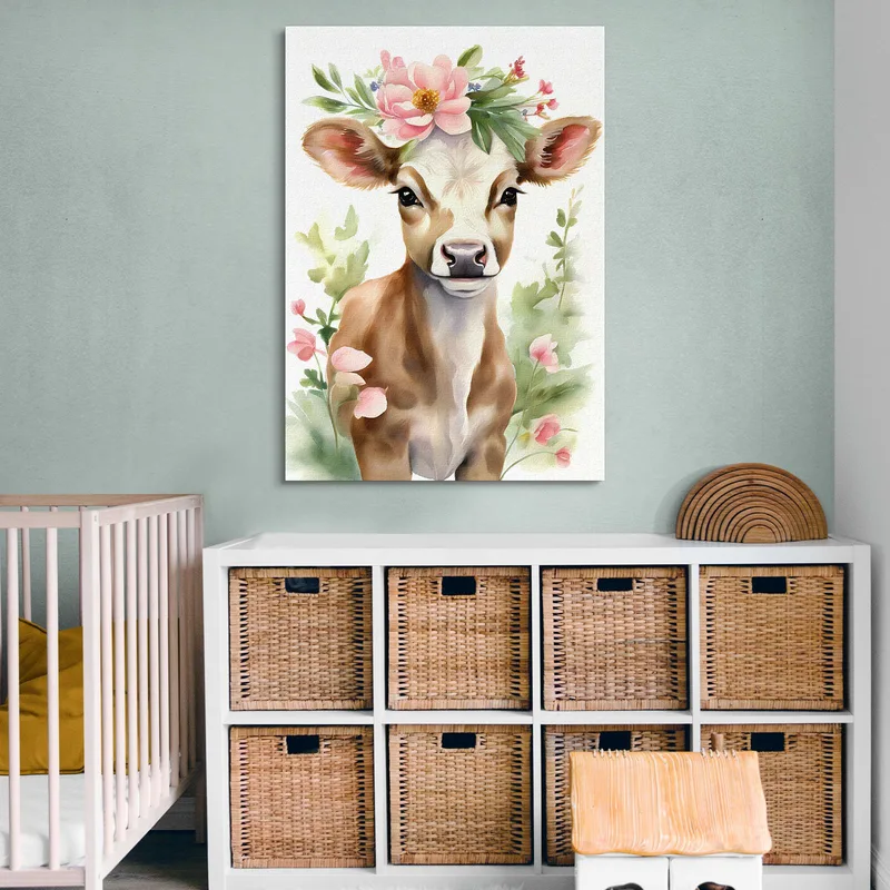 Peinture Pour Chambre De Garçon Jeune Vache À La Couronne De Fleurs