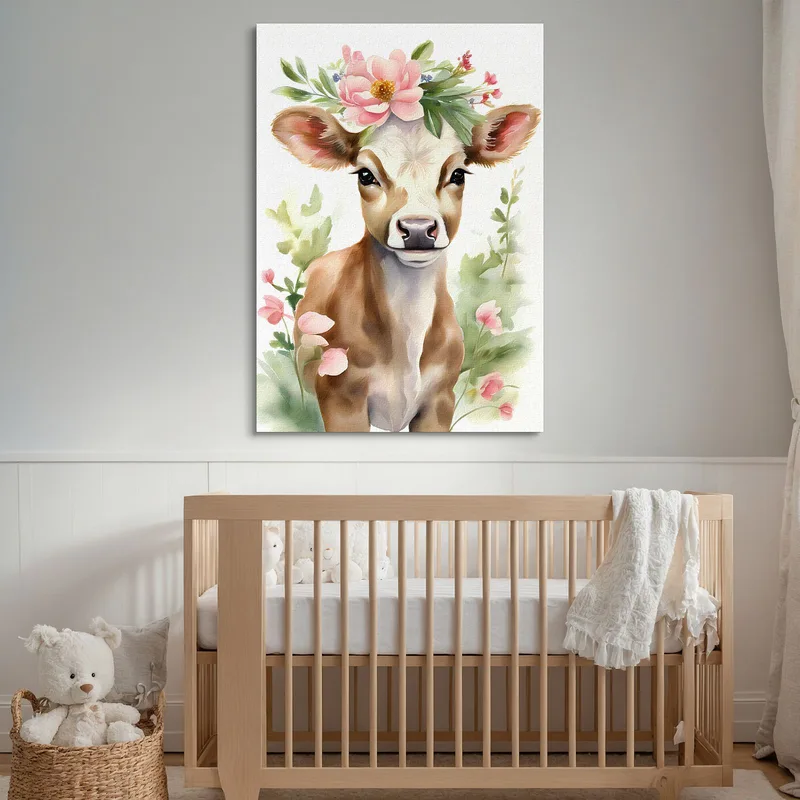 Peinture Pour Chambre De Garçon Jeune Vache À La Couronne De Fleurs