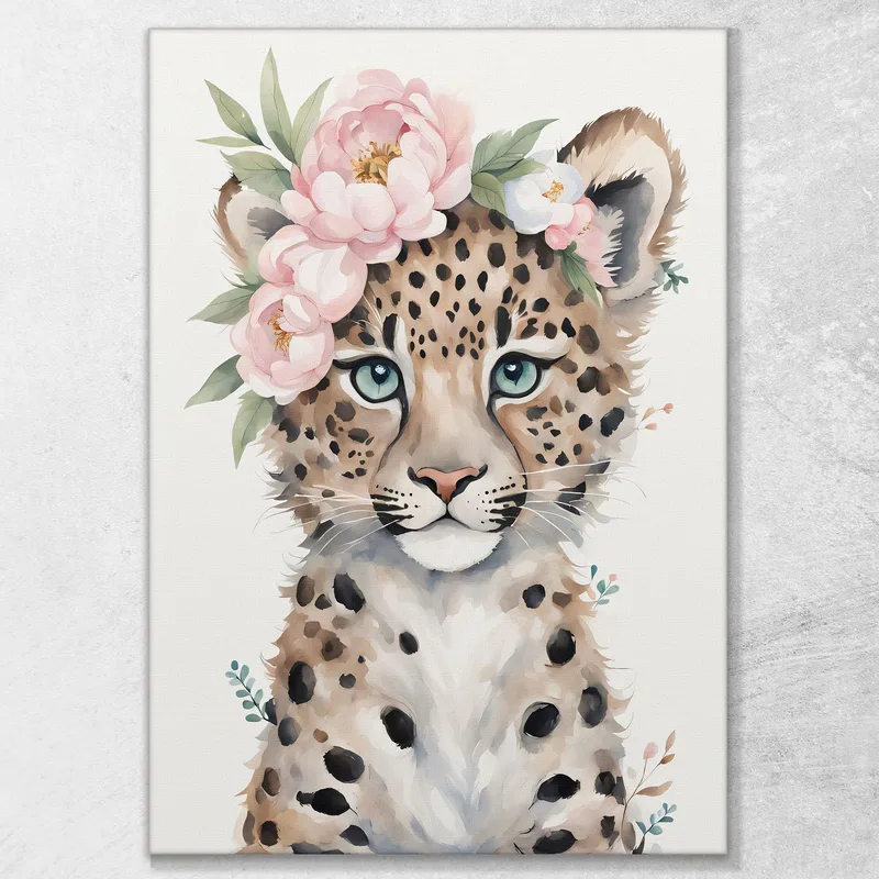 Cuadro Para Habitación Infantil Lindo Leopardo Con Flores Pastel