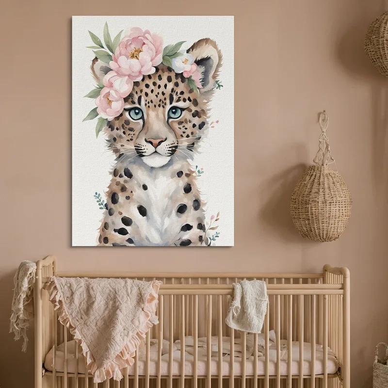 Cuadro Para Habitación Infantil Lindo Leopardo Con Flores Pastel