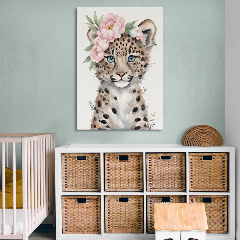 Cuadro Para Habitación Infantil Lindo Leopardo Con Flores Pastel