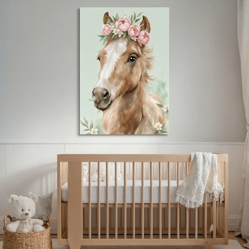 Quadro Per Cameretta Bimba, Ritratto Di Cavallo Con Ghirlanda Floreale