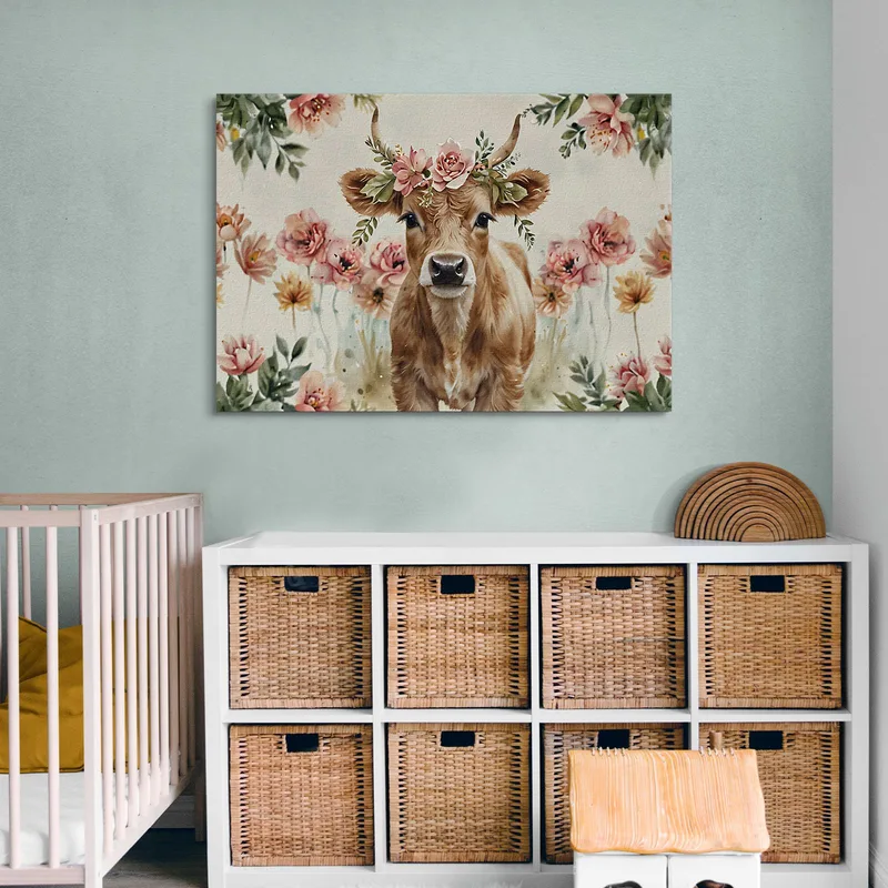 Dekoratives Bild Für Ein Kinderzimmer Kuhkalb Mit Girlande Aus Rosa Blumen