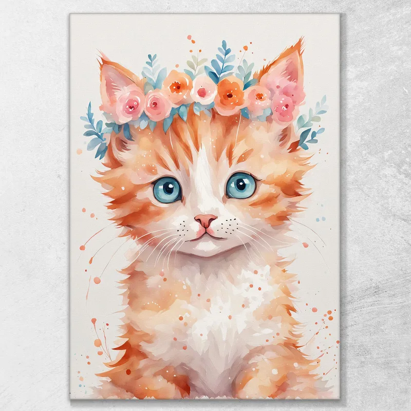 Decorazione Nursery, Quadro Per Bimbo E Bimba, Gattino Adorabile Con Fiori Colorati