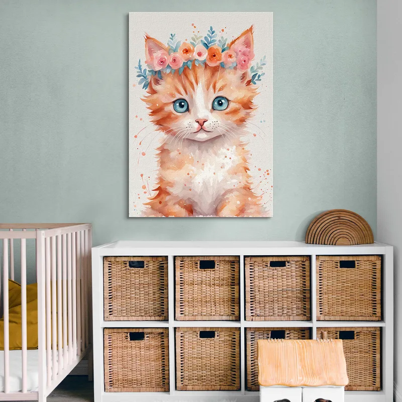 Decorazione Nursery, Quadro Per Bimbo E Bimba, Gattino Adorabile Con Fiori Colorati