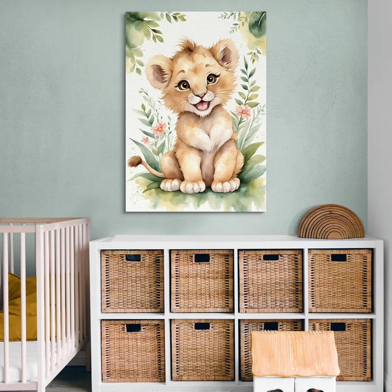 Quadro Per Cameretta Bambino, Cucciolo Di Leone Sorridente Con Piante