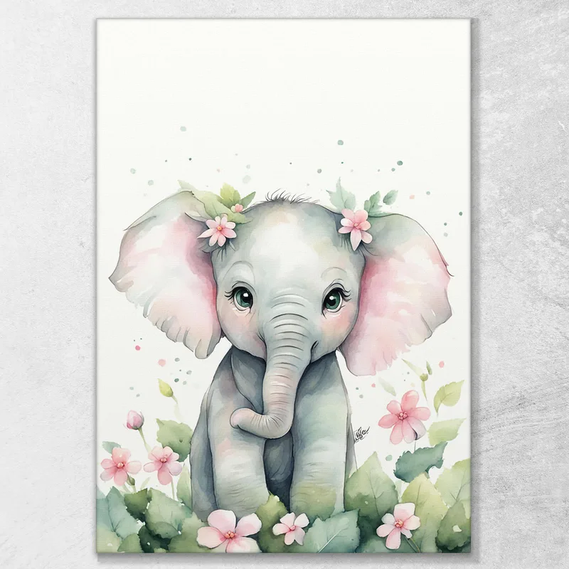 Quadro Per Cameretta Bimbo, Cucciolo Di Elefante Con Fiori