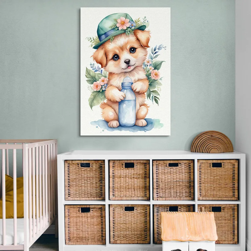 Quadro Per Cameretta Bimba, Cagnolino Con Cappello E Biberon