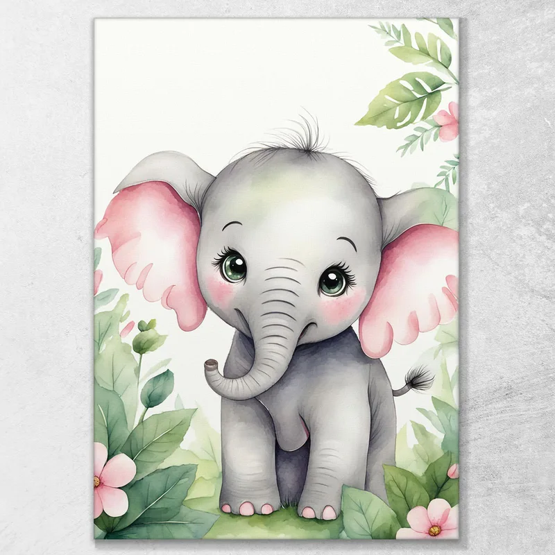 Kinderzimmerbild Dekoration Für Kinder Elefant Mit Rosa Ohren Und Blumen