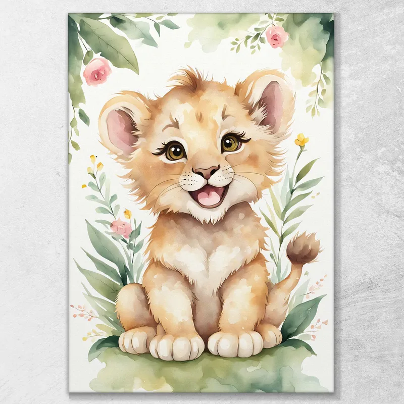 Cuadro Decorativo Para Habitación Infantil León Sonriente Con Flores Y Hojas
