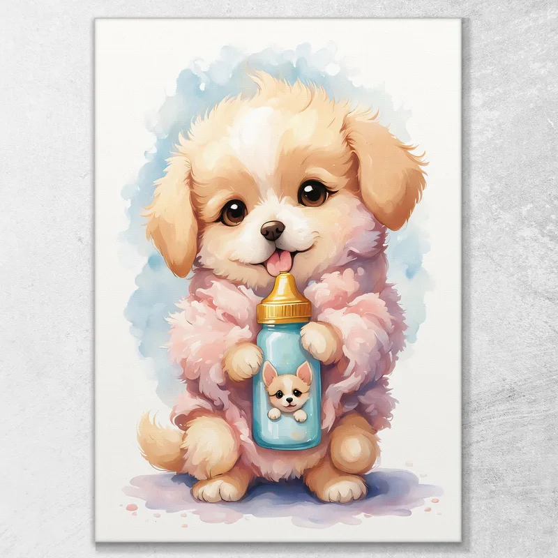 Dekoratives Bild Für Ein Mädchenzimmer Hund Kind Welpe Mit Flasche