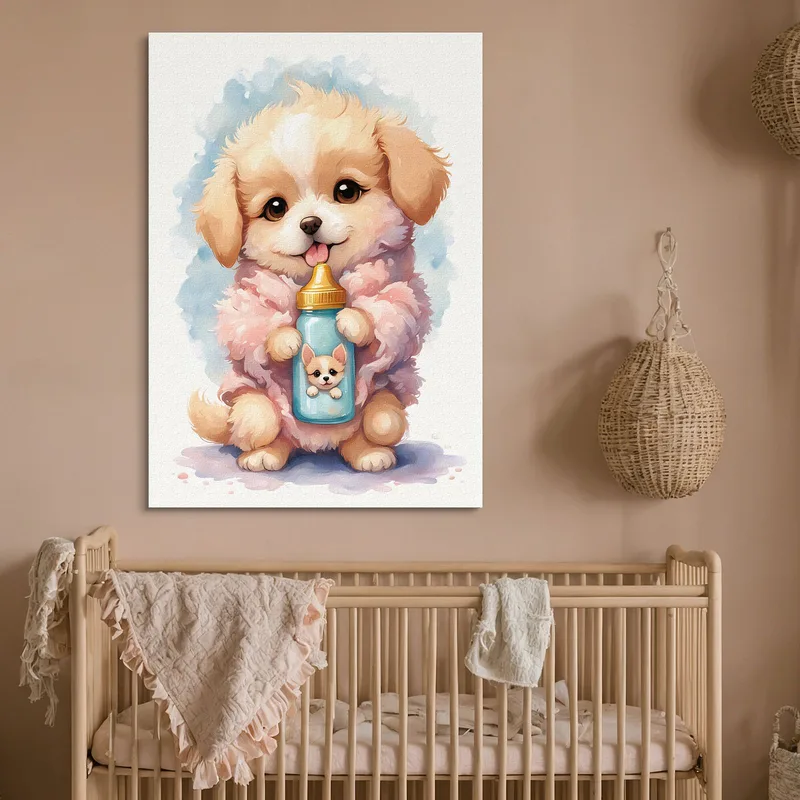 Dekoratives Bild Für Ein Mädchenzimmer Hund Kind Welpe Mit Flasche