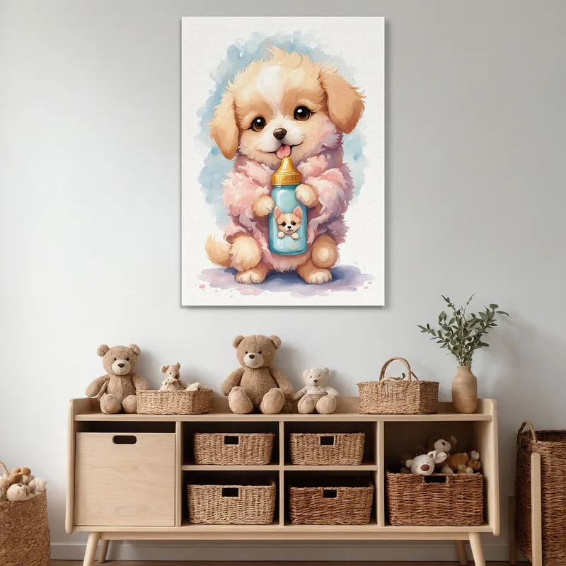 Dekoratives Bild Für Ein Mädchenzimmer Hund Kind Welpe Mit Flasche