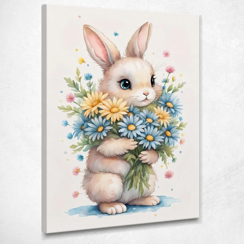 Image De Chambre D'Enfant, Décoration De Chambre, Lapin Avec Marguerites Et Fleurs Colorées tableau impression sur toile