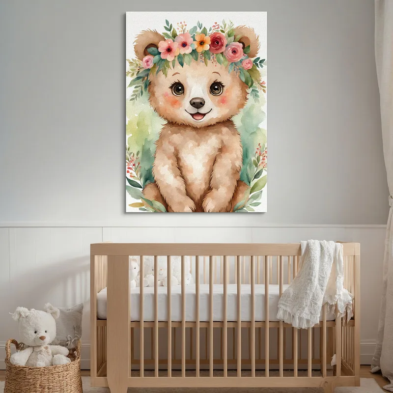 Decorazione Per Cameretta, Quadro Per Bimbo, Orso Con Coroncina E Foglie