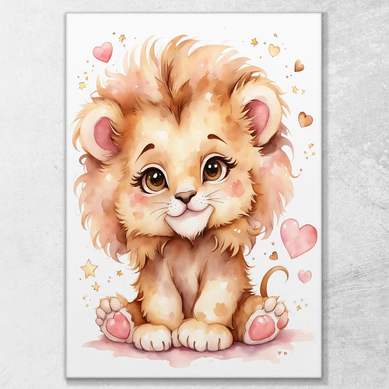 Cuadro Para Habitación De Bebé Cachorro De León Con Corazones Y Estrellas