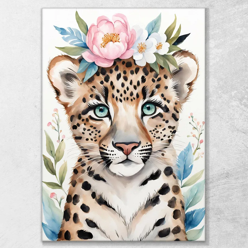 Quadro Decorativo Per Nursery E Cameretta, Leopardo Con Coroncina E Occhi Blu