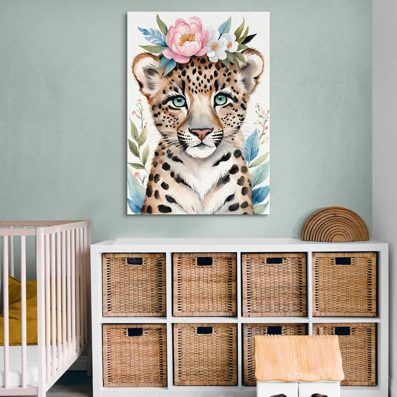 Quadro Decorativo Per Nursery E Cameretta, Leopardo Con Coroncina E Occhi Blu