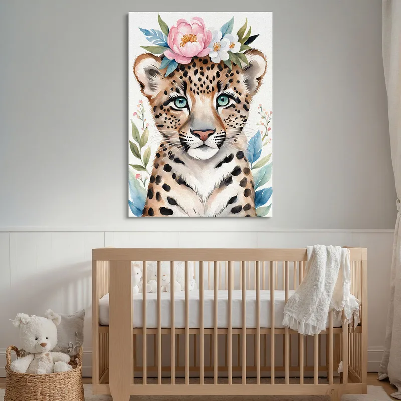 Quadro Decorativo Per Nursery E Cameretta, Leopardo Con Coroncina E Occhi Blu