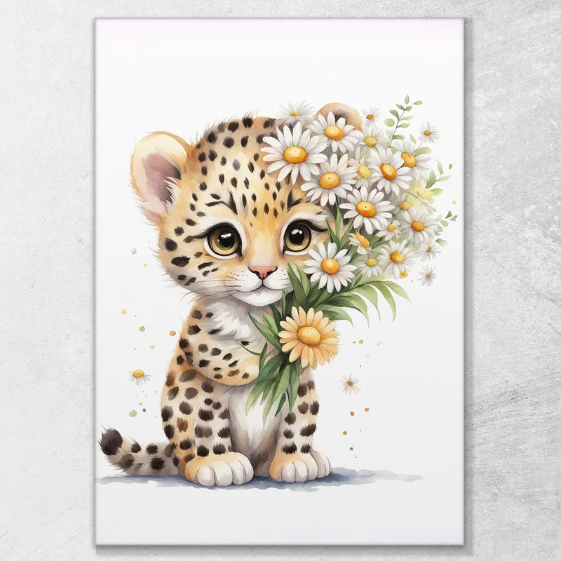 Decorazione Nursery, Quadro Per Bimbo E Bimba, Cucciolo Di Leopardo Con Margherite