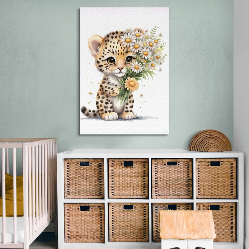 Decorazione Nursery, Quadro Per Bimbo E Bimba, Cucciolo Di Leopardo Con Margherite
