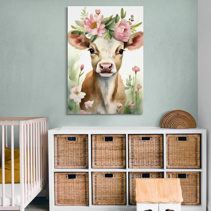 Quadro Per Bambino, Decorazione Cameretta, Vitellino Con Coroncina Di Peonie