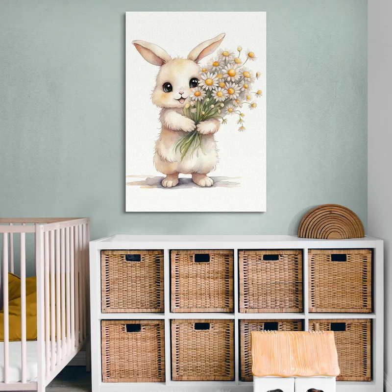 Quadro Per Cameretta Bimbo, Cucciolo Di Coniglio Con Fiori Bianchi E Gialli