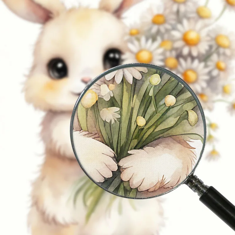 Quadro Per Cameretta Bimbo, Cucciolo Di Coniglio Con Fiori Bianchi E Gialli