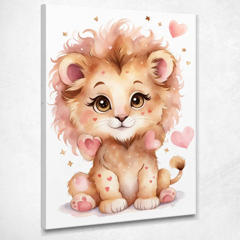 Décoration Chambre D'Enfant, Tableau Pour Enfants, Lionceau Avec Coeurs Roses tableau impression sur toile
