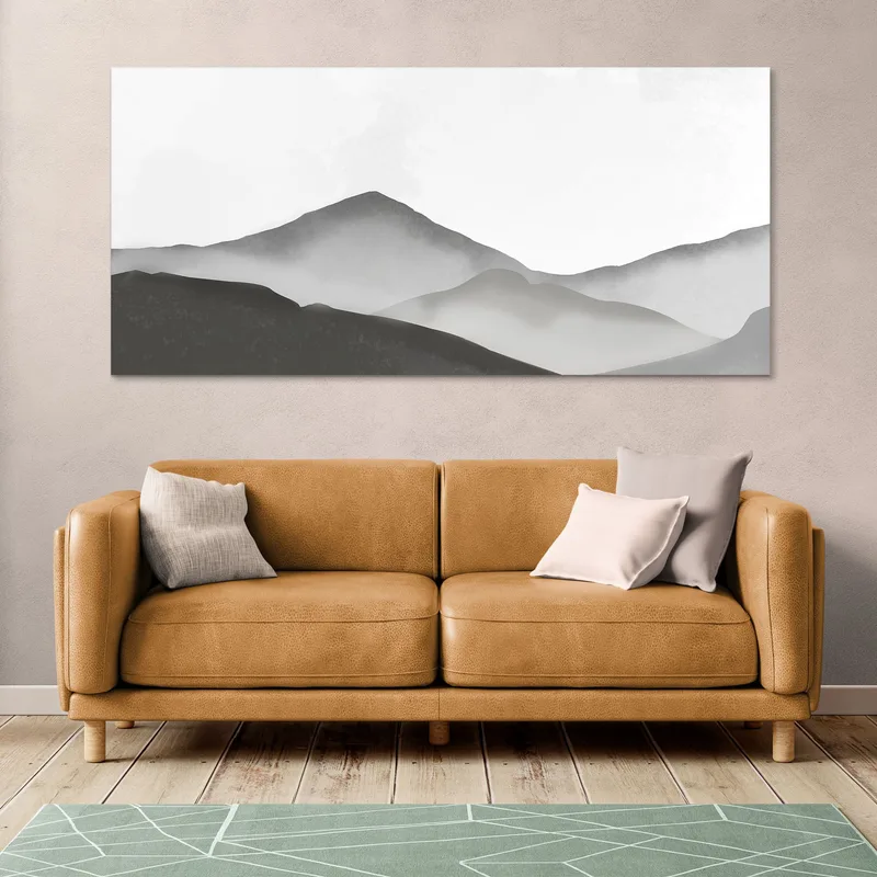 Abstraktes Landschaftsgemälde Nebliges Grau Und Weiß Minimalistische Berglandschaft