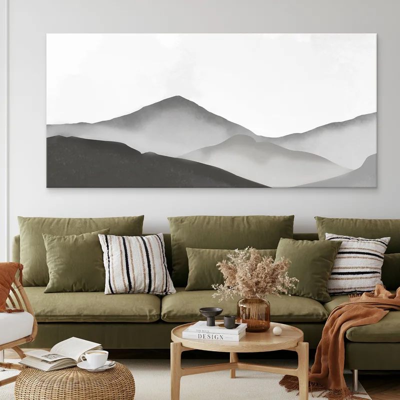 Abstraktes Landschaftsgemälde Nebliges Grau Und Weiß Minimalistische Berglandschaft