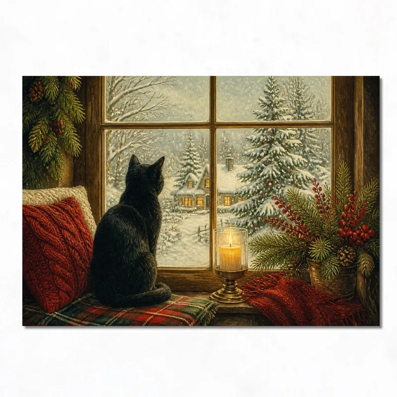 Canvas art print black cat by winter window