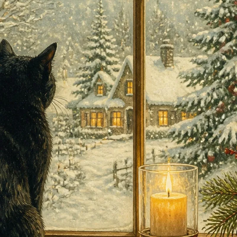 Canvas art print black cat by winter window