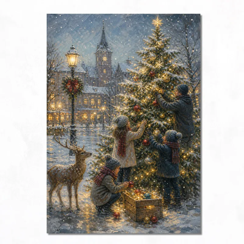 Famille décorant le Sapin de Noël tableau moderne
