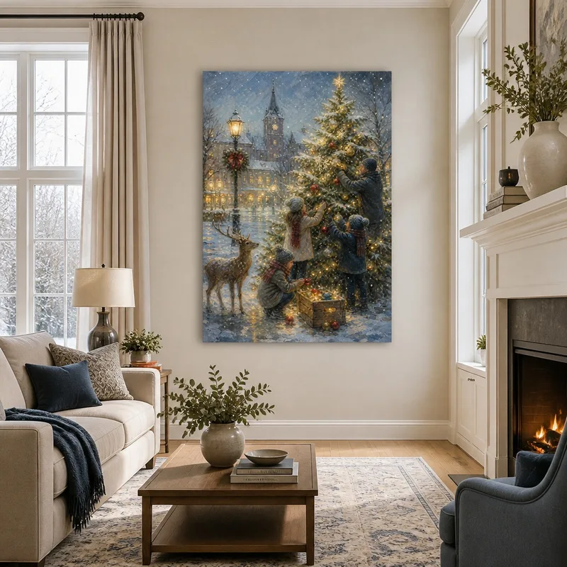 Famille décorant le Sapin de Noël tableau moderne