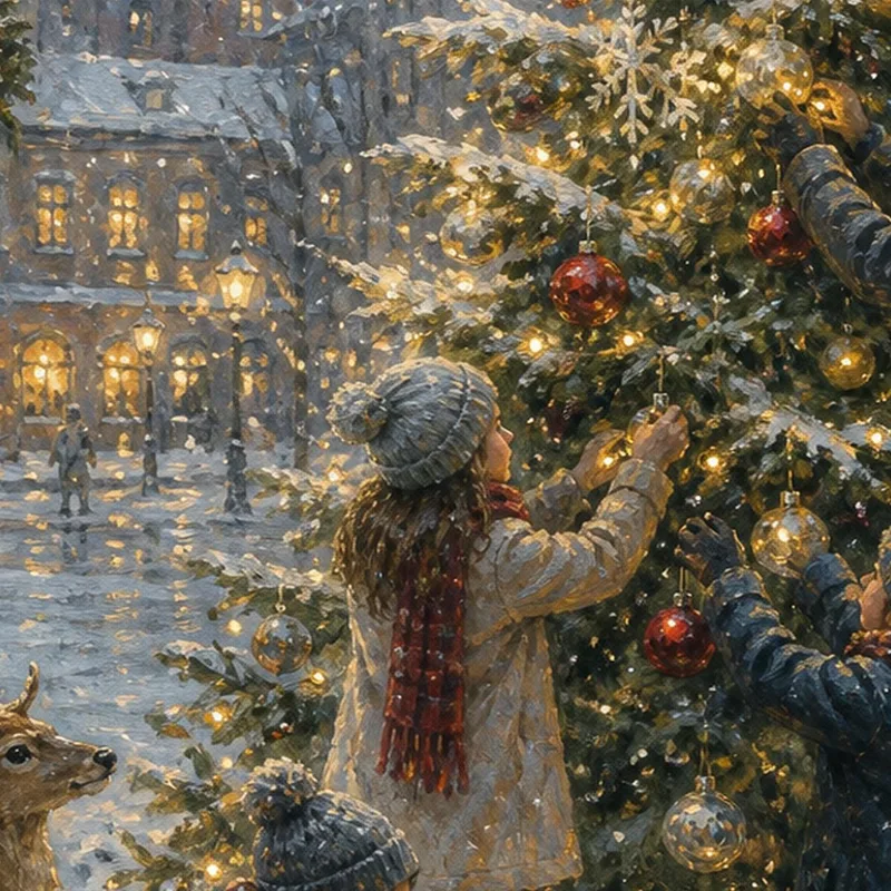 Famille décorant le Sapin de Noël tableau moderne