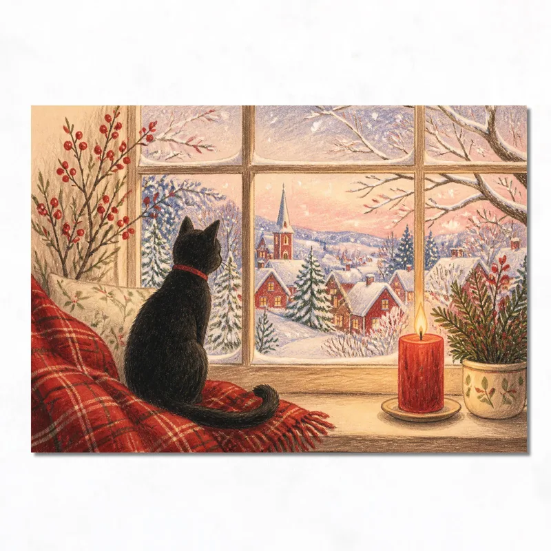 Toile artistique chat noir par fenêtre d'hiver
