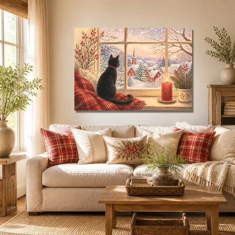Toile artistique chat noir par fenêtre d'hiver