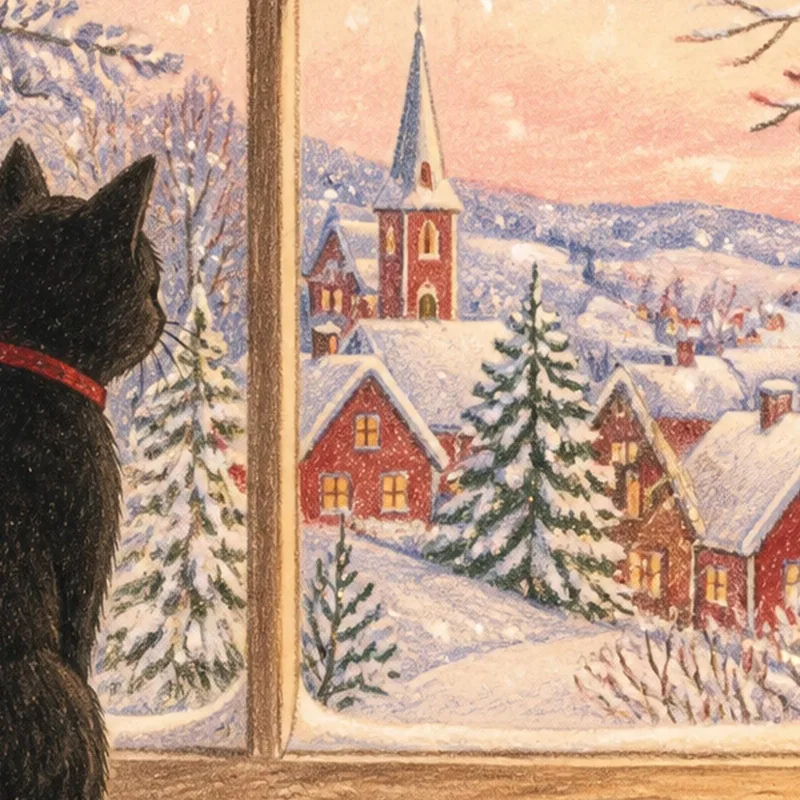 Toile artistique chat noir par fenêtre d'hiver