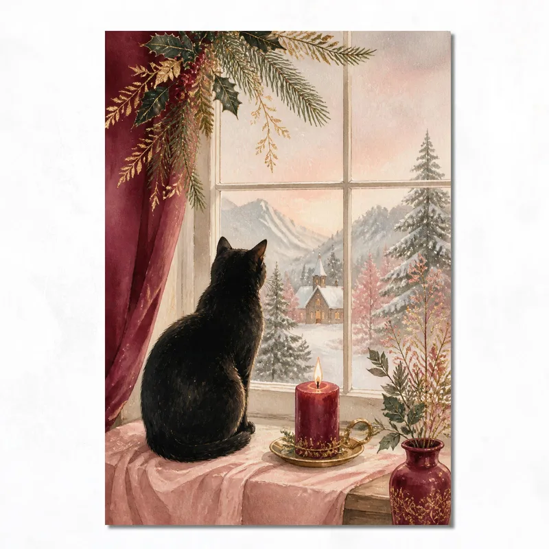 Modern canvas cat by winter window