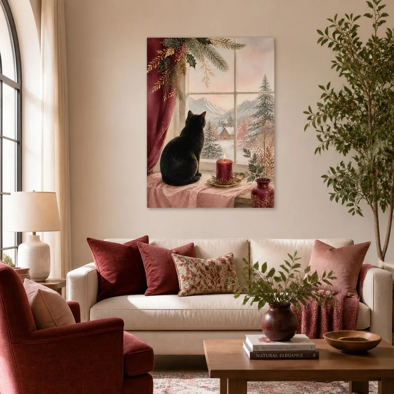 Modern canvas cat by winter window